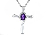 Purple African Amethyst Rhodium Over Sterling Silver Cross Pendant With Chain 0.79ctw