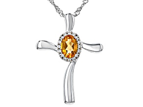 Yellow Citrine Rhodium Over Sterling Silver Cross Pendant With Chain 0.83ctw