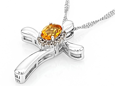 Yellow Citrine Rhodium Over Sterling Silver Cross Pendant With Chain 0.83ctw