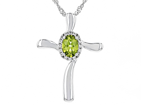 Green Peridot Rhodium Over Sterling Silver Cross Pendant With Chain 0.78ctw