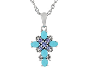 Blue Sleeping Beauty Turquoise Rhodium Over Silver Cross Pendant With Chain