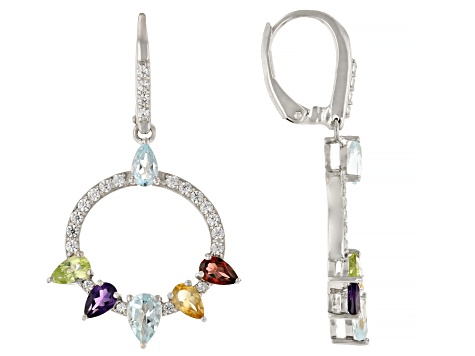 Multi-Gem Rhodium Over Sterling Silver Dangle Earrings 3.42ctw