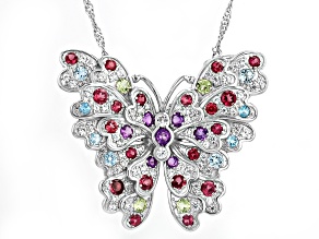 Multicolor Multi-Gem Rhodium Over Sterling Silver Butterfly Pendant With Chain 2.95ctw