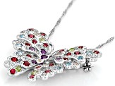 Multicolor Multi-Gem Rhodium Over Sterling Silver Butterfly Pendant With Chain 2.95ctw