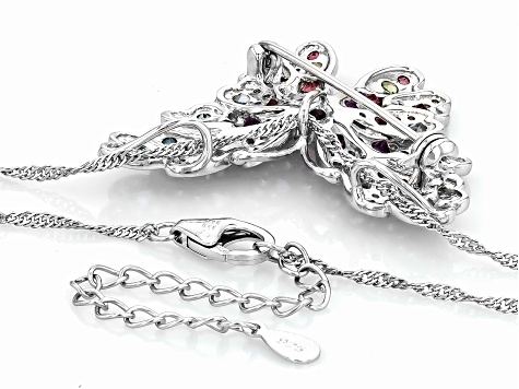 Multicolor Multi-Gem Rhodium Over Sterling Silver Butterfly Pendant With Chain 2.95ctw