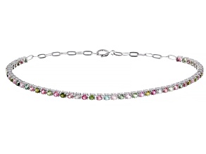 Multicolor Multi-Tourmaline Rhodium Over Sterling Silver Tennis Bracelet 1.87ctw