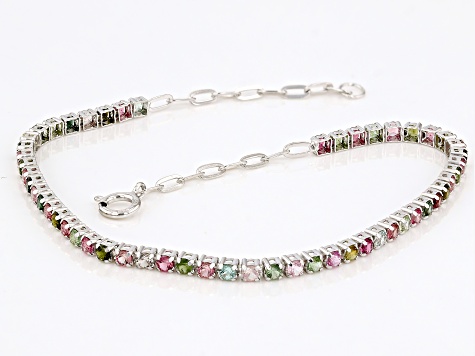 Multicolor Multi-Tourmaline Rhodium Over Sterling Silver Tennis Bracelet 1.87ctw