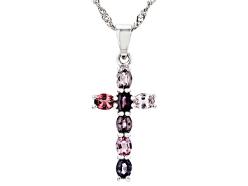 Picture of Multicolor Spinel Rhodium Over Sterling Silver Cross Pendant With Chain 0.83ctw