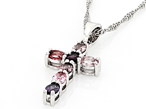 Multicolor Spinel Rhodium Over Sterling Silver Cross Pendant With Chain 0.83ctw