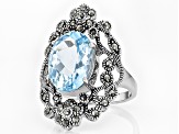 Sky Blue Topaz With Marcasite Sterling Silver Ring 6.33ct