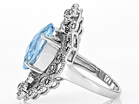 Sky Blue Topaz With Marcasite Sterling Silver Ring 6.33ct