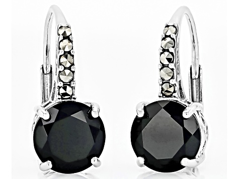 Black Spinel With Marcasite Rhodium Over Sterling Silver Earrings 3.40ctw