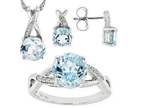 Sky Blue Topaz Rhodium Over Silver Ring, Earrings, and Pendant Set 8.78ctw
