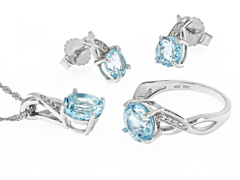 Sky Blue Topaz Rhodium Over Silver Ring, Earrings, and Pendant Set 8.78ctw