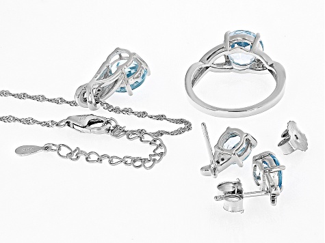 Sky Blue Topaz Rhodium Over Silver Ring, Earrings, and Pendant Set 8.78ctw