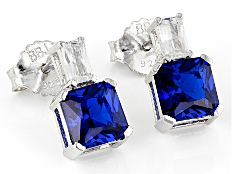 Blue Lab Created Spinel Rhodium Over Silver Earrings 3.49ctw