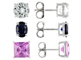 Multi Color Lab Created Sapphire Rhodium Over Silver Earrings Set 12.10ctw