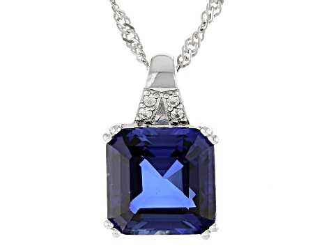 Blue Lab Created Sapphire Rhodium Over Sterling Silver Pendant With Chain 4.92ctw