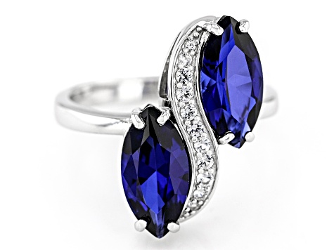 Blue Lab Created Sapphire Rhodium Over Silver Bypass Ring 3.70ctw