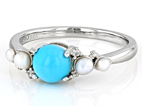 Blue Sleeping Beauty Turquoise Rhodium Over Silver Ring 0.01ctw