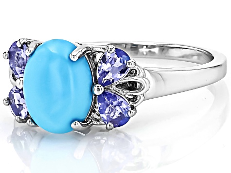 Blue Sleeping Beauty Turquoise Rhodium Over Sterling Silver Ring 0.58ctw