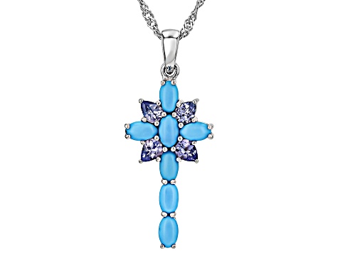 Blue Sleeping Beauty Turquoise Rhodium Over Silver Cross Pendant With Chain .44ctw