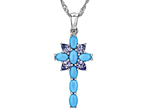 Blue Sleeping Beauty Turquoise Rhodium Over Silver Cross Pendant With Chain .44ctw
