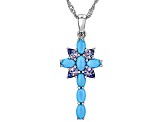 Blue Sleeping Beauty Turquoise Rhodium Over Silver Cross Pendant With Chain .44ctw