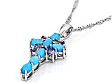 Blue Sleeping Beauty Turquoise Rhodium Over Silver Cross Pendant With Chain .44ctw