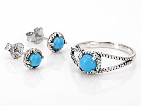 Blue Sleeping Beauty Turquoise Sterling Silver Ring With Earrings Box Set