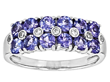 Picture of Blue Tanzanite With White Zircon Rhodium Over Sterling Silver Ring 1.37ctw