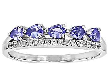 Picture of Blue Tanzanite With White Zircon Rhodium Over Sterling Silver Ring 0.65ctw
