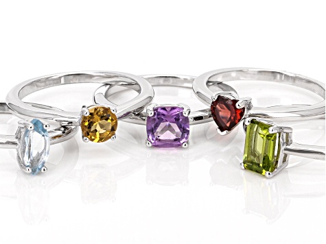 Multicolor Multi-Gemstone Rhodium Over Sterling Silver Ring Set 2.80ctw