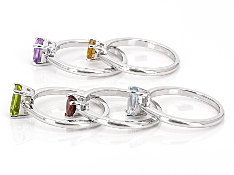 Multicolor Multi-Gemstone Rhodium Over Sterling Silver Ring Set 2.80ctw