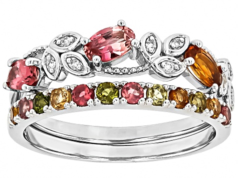 Multicolor Tourmaline Rhodium Over Sterling Silver Ring Set 1.11ctw