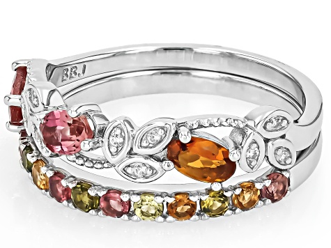 Multicolor Tourmaline Rhodium Over Sterling Silver Ring Set 1.11ctw