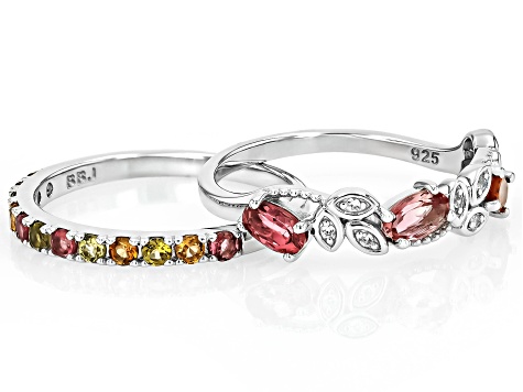 Multicolor Tourmaline Rhodium Over Sterling Silver Ring Set 1.11ctw