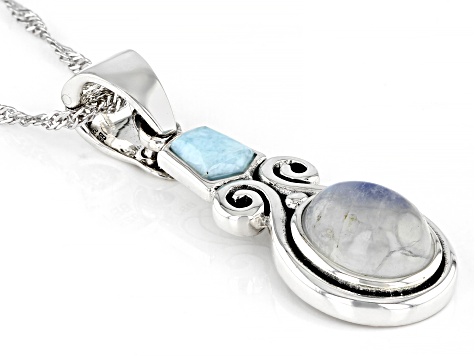 White Rainbow Moonstone Rhodium Over Silver Pendant With Chain