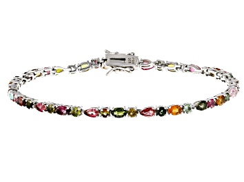 Picture of Multicolor Multi-Tourmaline Rhodium Over Sterling Silver Tennis Bracelet 5.53ctw