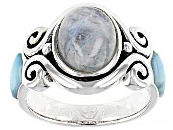 Picture of White Rainbow Moonstone Rhodium Over Sterling Silver 3-Stone Ring
