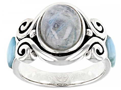 White Rainbow Moonstone Rhodium Over Sterling Silver 3-Stone Ring