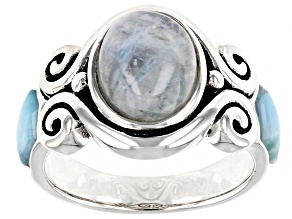 White Rainbow Moonstone Rhodium Over Sterling Silver 3-Stone Ring