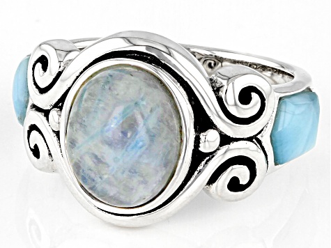 White Rainbow Moonstone Rhodium Over Sterling Silver 3-Stone Ring