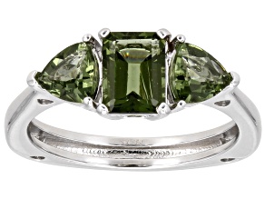 Green Moldavite Rhodium Over Sterling Silver 3-Stone Ring 1.22ctw
