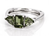 Green Moldavite Rhodium Over Sterling Silver 3-Stone Ring 1.22ctw