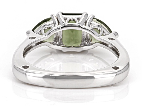 Green Moldavite Rhodium Over Sterling Silver 3-Stone Ring 1.22ctw