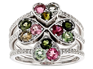 Picture of Multicolor Tourmaline Rhodium Over Silver Stackable Ring Set 1.17ctw