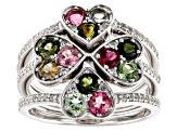 Multicolor Tourmaline Rhodium Over Silver Stackable Ring Set 1.17ctw