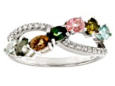 Multi-Tourmaline Rhodium Over Sterling Silver Crossover Ring 1.22ctw