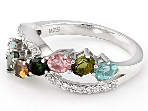 Multi-Tourmaline Rhodium Over Sterling Silver Crossover Ring 1.22ctw